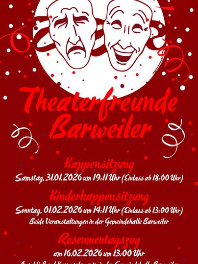 A red event invitation for the theater friends of Barweiler. It contains information about three different performances with date and time.