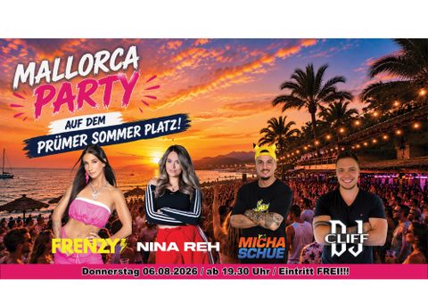 A lively Mallorca party with cheerful people and palm trees in the background. The event takes place on 06. August 2026 and admission is free.