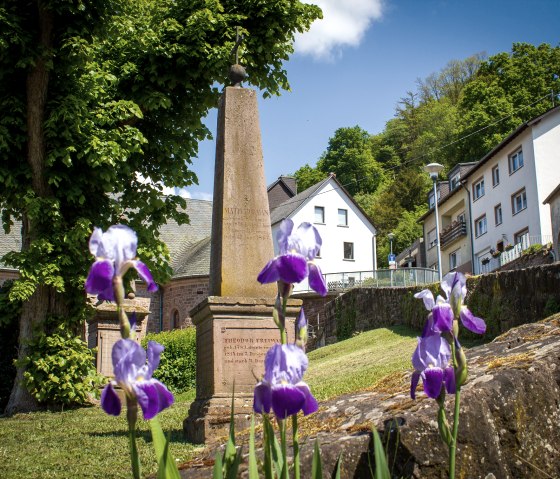 Des fleurs violettes au premier plan, un obélisque et des bâtiments en arrière-plan près de l'église St Maximin à Kyllburg., © Tourist-Information Bitburger Land_Monika Mayer
