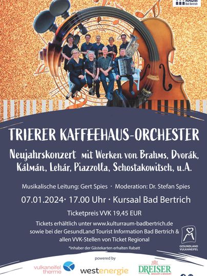 Ein Plakat für das Neujahrskonzert des Trierer Kaffeehaus-Orchesters. Es zeigt Informationen zur Veranstaltung, einschließlich Datum, Uhrzeit und Ticketpreisen.