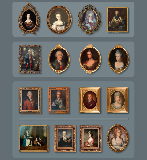 A collection of classic portraits in elegant frames. The images depict various individuals from the past, rendered in intricate painting.