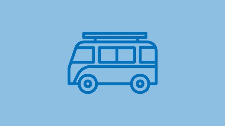 A simple blue outline of a bus against a light blue background. The bus has a flat roof and large windows.