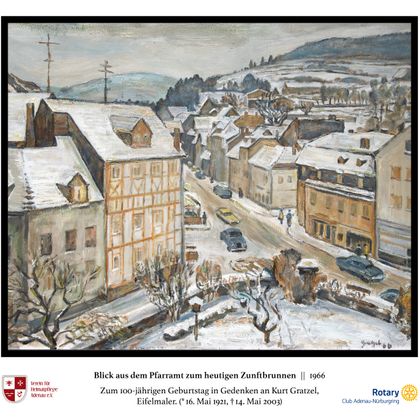 Schilderij van een besneeuwd stadsgezicht met vakwerkhuizen en straten.