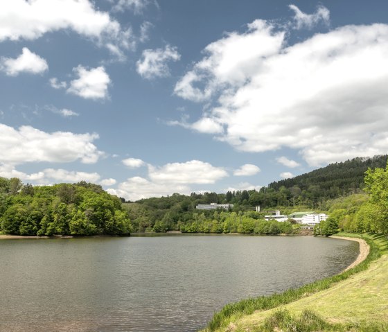 Der Stausee Bitburg mit grünen Hügeln und Gebäuden im Hintergrund, unter einem blauen Himmel mit weißen Wolken., © Eifel Tourismus GmbH, Dominik Ketz