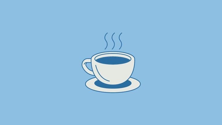 A stylized cup of coffee on a saucer. The background is in a gentle shade of blue.