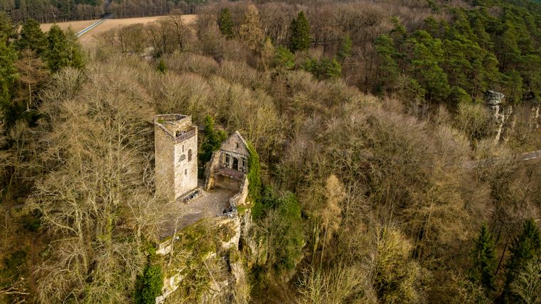 Vue aérienne des ruines du château de Prüm dans une zone boisée.