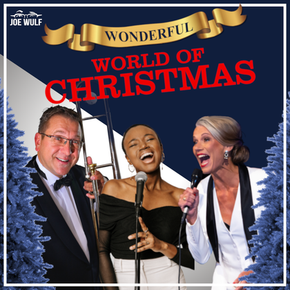 Eine festliche Szene mit drei Performern in eleganter Kleidung. Im Hintergrund steht "Wonderful World of Christmas" in auffälliger Schrift.
