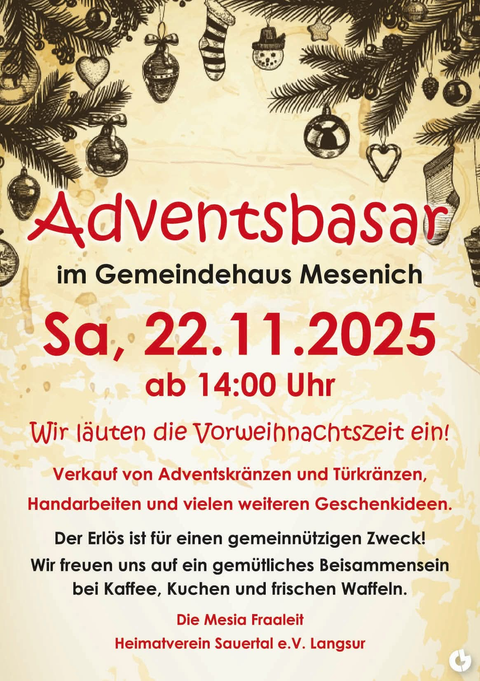 Een poster voor een Adventsmarkt in het gemeenschappelijke huis van Mesenich op 22 november 2025. Er worden adventskronen, deurkransen en handgemaakte cadeaus verkocht, en de opbrengst gaat naar een goed doel.