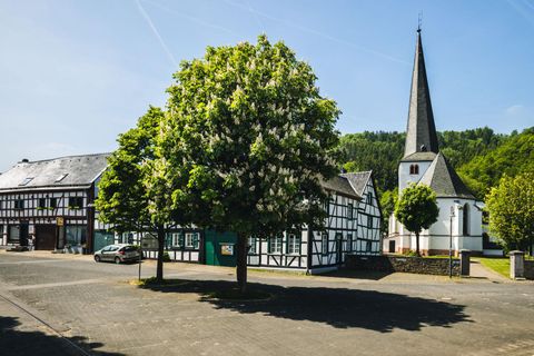 A picturesque village with traditional half-timbered houses and a tall church tower. In the foreground stands a large, blooming tree.