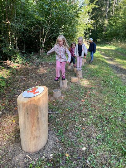 Kinder spielen auf Baumstümpfen im Wald.