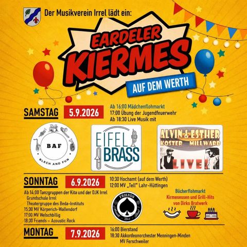 Ein buntes Plakat für das Eardeler Dorffest mit Veranstaltungsdaten. Im Hintergrund sind Palmen und ein schöner Sonnenuntergang zu sehen.