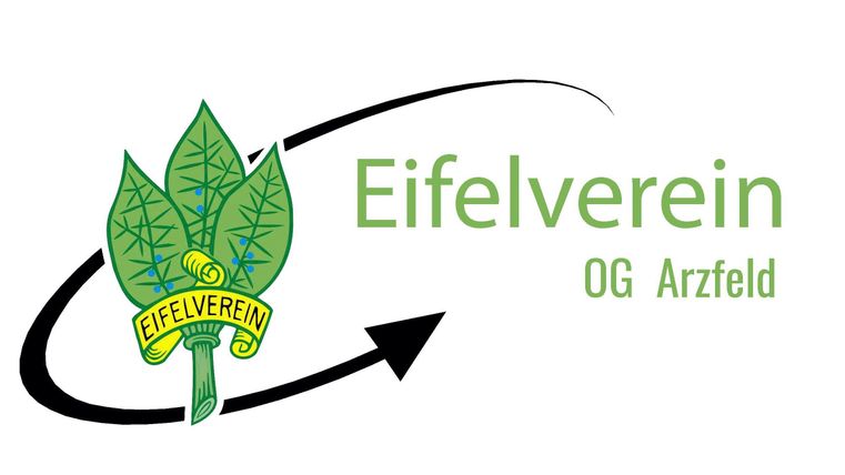 Een logo van de Eifelvereniging, dat groene bladeren en een wandelstok toont. Het vertegenwoordigt de plaatselijke groep Arzfeld.