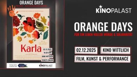 Ein Plakat für die "Orange Days" Veranstaltung im Kino Palast. Es zeigt den Titel "Karla" und Informationen zu Datum, Uhrzeit und Ort.