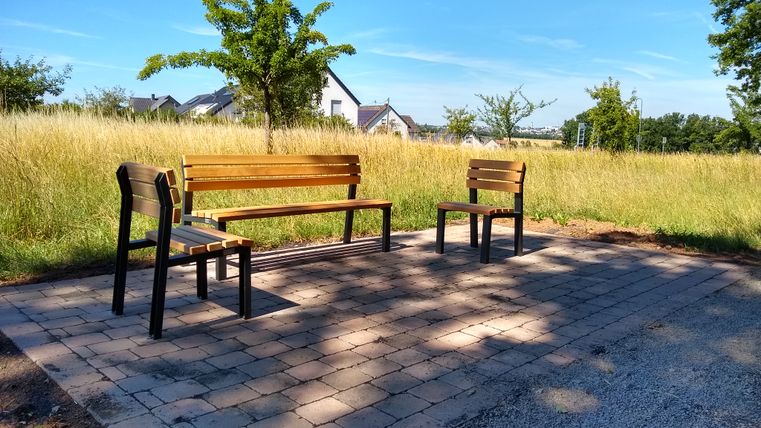 Drei Holzbänke auf einem gepflasterten Platz in einer ländlichen Umgebung mit Bäumen und Wiese.