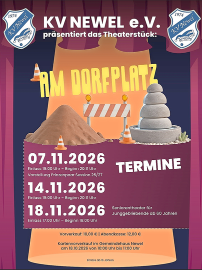 Ein Plakat für das Theaterstück „Am Dorfplatz“ von KV Newel e.V. Es zeigt Termine und Details zur Veranstaltung.