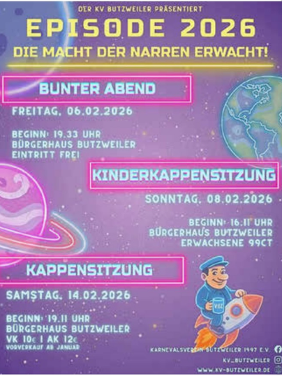 Een kleurrijke evenementenflyer voor de carnaval 2026 in Butzweiler. Hij toont verschillende evenementen zoals de Kleurrijke Avond en de Kindersitzing met een kleurrijke, galactische achtergrond.