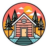 A stylish pink wooden house surrounded by tall fir trees. In the background, an orange sun shines on the horizon.