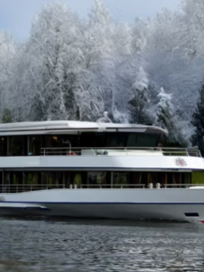 Ein modernes Schiff fährt durch ein verschneites Gewässer. Im Hintergrund sind schneebedeckte Bäume zu sehen.