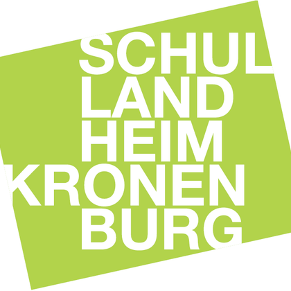 A modern logo with the text "SCHULLANDHEIM KRONENBURG". The font is large and in white on a light green background.