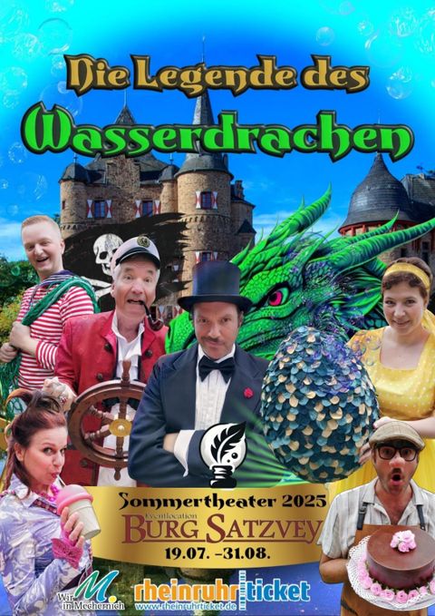 Sechs Personen in Kostümen vor dem Wasserschloß