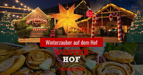 Eine festliche Winterlandschaft mit bunten Lichtern und weihnachtlicher Dekoration. Im Vordergrund sind köstliche Zimtschnecken zu sehen.