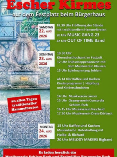 Ein Plakat für die Escher Kirmes mit Terminen und Veranstaltungen vom 23. bis 25. August 2025. Es werden verschiedene Aktivitäten, wie Musik und traditionelle Hamuelbraten, angekündigt.