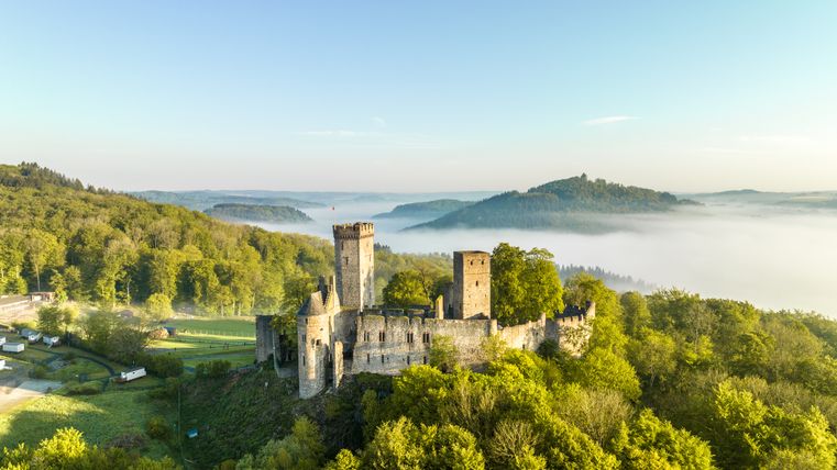 Vue aérienne du château de Kasselburg à Pelm, entouré de forêts verdoyantes et de brouillard au loin.