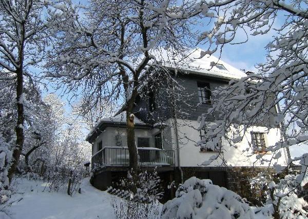 Ein charmantes Haus im Winter, umgeben von schneebedeckten Bäumen. Der Himmel ist klar und blau, was eine friedliche Atmosphäre schafft.