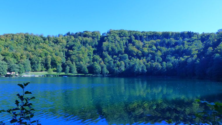 Ein ruhiger See umgeben von grünen Wäldern. Der klare blaue Himmel spiegelt sich im Wasser.