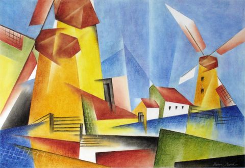 A colorful, abstract representation of windmills in a rural landscape. The scene features geometric shapes and vivid colors under a clear sky.