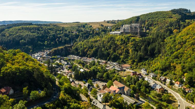 Aerial view of Vianden with castle on a hill, surrounded by forest and houses.