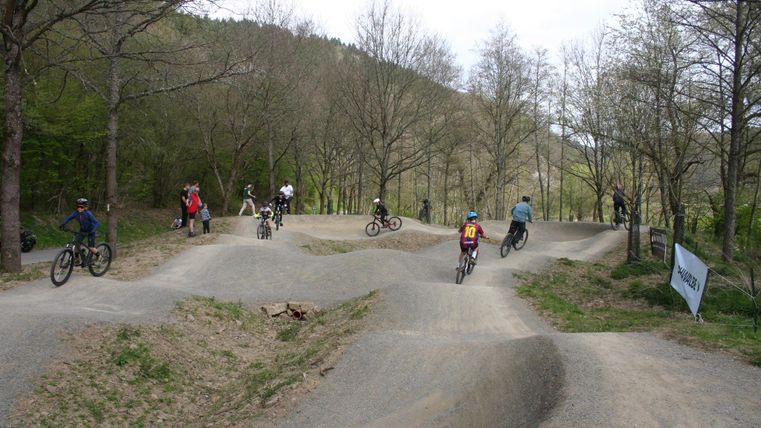 Een bikepark met meerdere rijders die op een track met heuvels en bochten rijden. De omgeving is groen met kale bomen op de achtergrond.