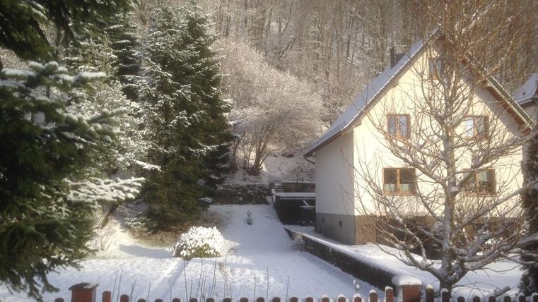 A snowy garden with a white house and green trees. The landscape is wintry and peaceful.