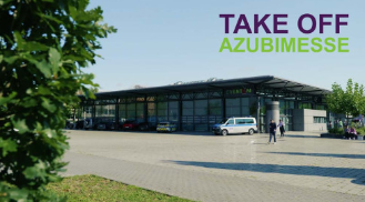 Een aankondiging voor de "TAKE OFF AZUBIMESSE 2025" met informatie over de data en tijden van het evenement. Er wordt gewezen op meer dan 100 bedrijven en ongeveer 300 opleidingsberoepen.