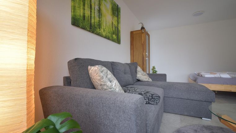 Ein gemütliches Wohnzimmer mit einem grauen Sofa und dekorativen Kissen. An der Wand hängt ein großes Bild von einem grünen Wald.