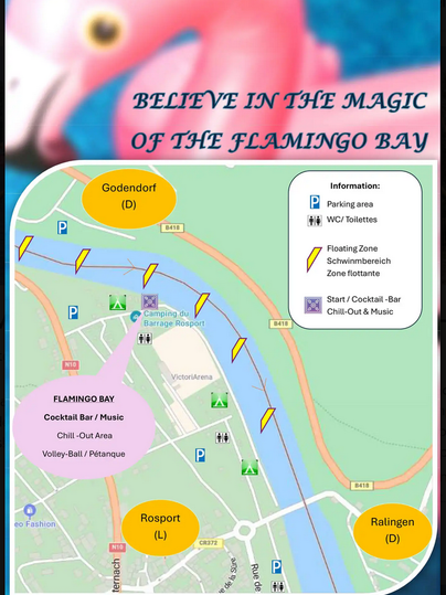 Een kaart van Flamingo Bay met verschillende gebieden zoals cocktailbar, chill-out-zone en sportmogelijkheden. De omgeving is kleurrijk en uitnodigend ingericht.