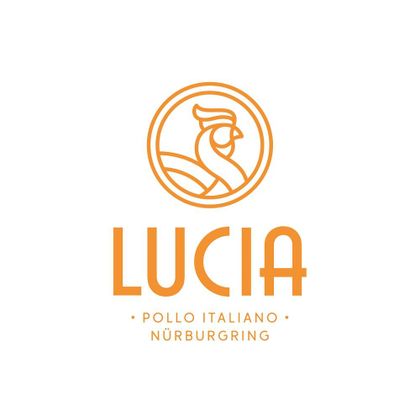 Een eenvoudig en modern logo met de naam "LUCIÁ". Het toont een gestileerde weergave van een kip en staat voor Italiaans kippeneten aan de Nürburgring.