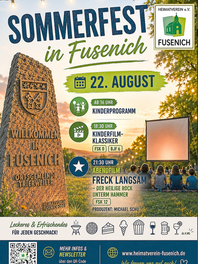 A poster for the summer festival in Fusenich on August 22. It provides information about the program, times, and a movie night.