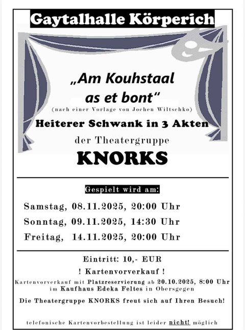 Eine Einladung zur Theateraufführung "Aschenputtel" der Theatergruppe KNORKS. Die Vorstellung findet am 5. und 6. April 2025 statt.