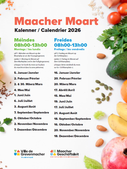 A calendar for the Maacher Moart with the opening hours for Mondays and Fridays. The list shows the dates from January to December 2026.