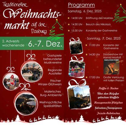 Marché de Noël traditionnel au Darsburg avec un programme festif les 6 et 7 décembre 2025. Vivez la musique, le vin chaud et les spécialités culinaires dans une ambiance festive.
