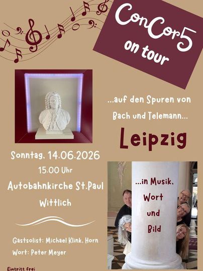 A poster for a music event at the Autobahnkirche St. Paul in Wittlich. It displays information about a concert titled "ConCor5 on tour" featuring a guest soloist.