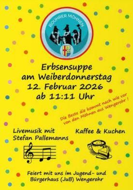 Une affiche colorée avec des informations sur un événement de soupe aux pois le 12 février 2026. Elle contient des détails sur la musique live, le café et les gâteaux ainsi que des informations sur le lieu de l'événement.