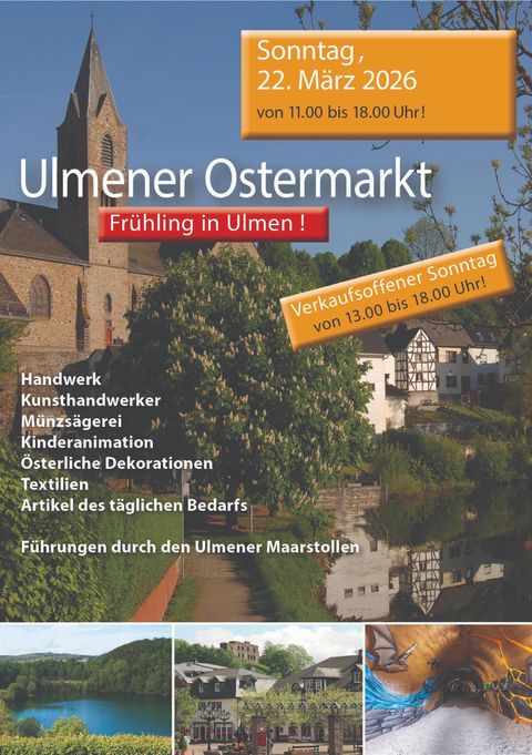 Ein Werbeplakat für den Ulmener Ostermarkt am 22. März 2026. Es werden handwerkliche Produkte, Dekorationen und Führungen durch die Umgebung angeboten.