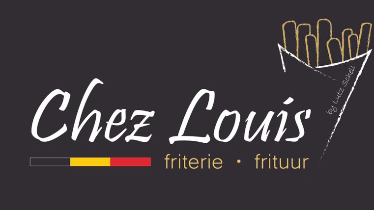 A logo for "Chez Louis", a fry shop. It features French fries and uses the colors of the Belgian flag.