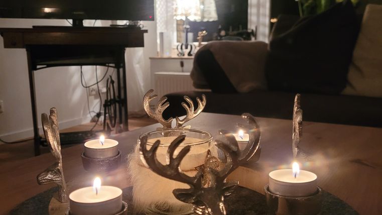 Ein gemütlicher Wohnraum mit einem dekorativen Tischarrangement. Kerzen und Elchfiguren schaffen eine festliche Atmosphäre.