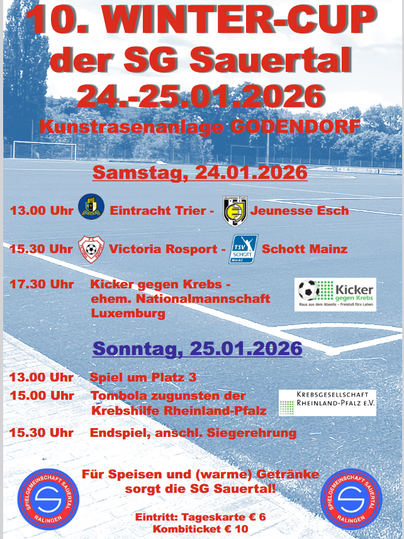 An event poster for the 10th Winter Cup of SG Sauerthal, taking place on January 24th and 25th, 2026, in Godendorf. It displays the game times and participating teams, as well as information about food and drinks.