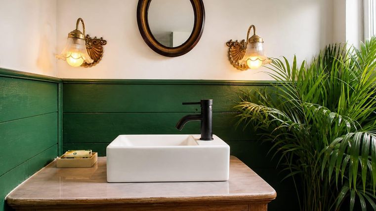 A stylish bathroom with a white sink on a wooden cabinet. The walls are painted green, and there is a plant as well as illuminated wall lights.