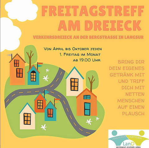 A colorful flyer for a weekly meeting in Langsur. It features a stylized map with houses and a path, as well as information about the meeting point and times.