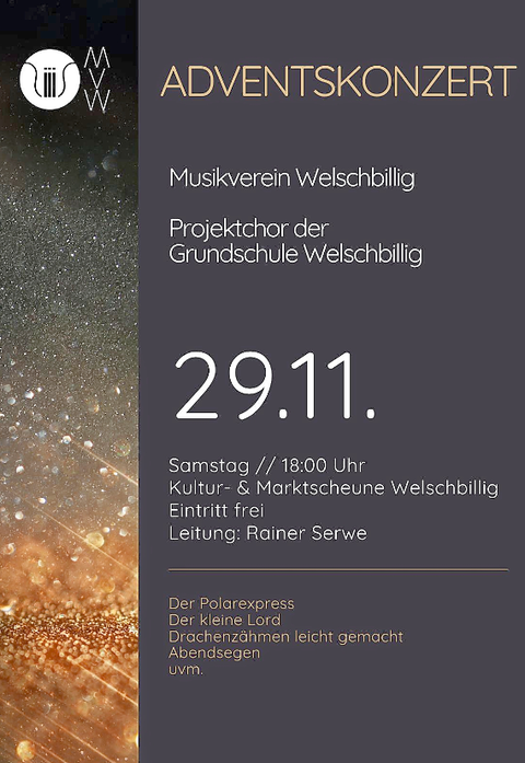 Ein Plakat für ein Adventskonzert des Musikvereins Welschbillig. Es enthält Informationen zum Datum, Ort und zur Leitung des Konzerts.